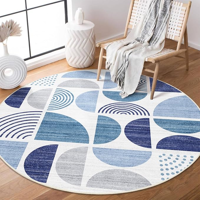 MUJOO Round Rug 4ft,Small Circle Area Rug Washable,Circular Rugs for Entryway Bedroom Kitchen,Boho Non Slip Throw Floor Carpet Modern Abstract Navy Blue