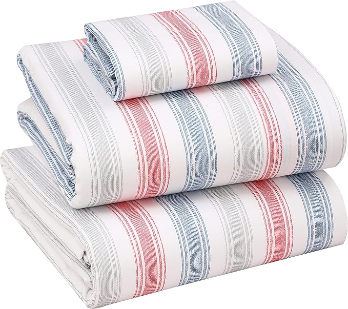 RUVANTI 100% Cotton Twin XL Sheet Sets, 3 Pieces, Soft & Breathable Percale Weave Bedding, Deep Pocket 16", Hotel Standard, Crisp Cool Feel, Durable, Perfect Size Striped Sheets, Times