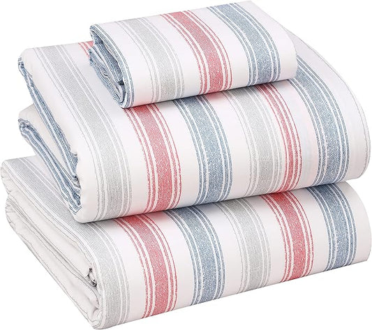RUVANTI 100% Cotton Twin XL Sheet Sets, 3 Pieces, Soft & Breathable Percale Weave Bedding, Deep Pocket 16", Hotel Standard, Crisp Cool Feel, Durable, Perfect Size Striped Sheets, Times