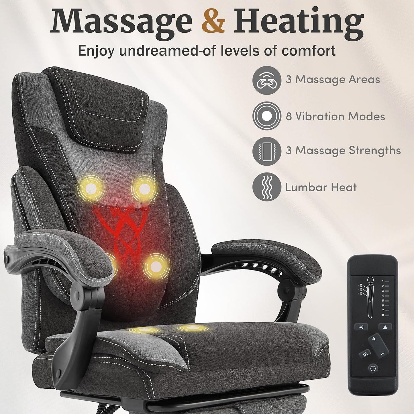 Skiennix Massage Office Chair - Ergonomic Reclining Design with Foot Rest & 6-Point Vibration | Black/Grey
