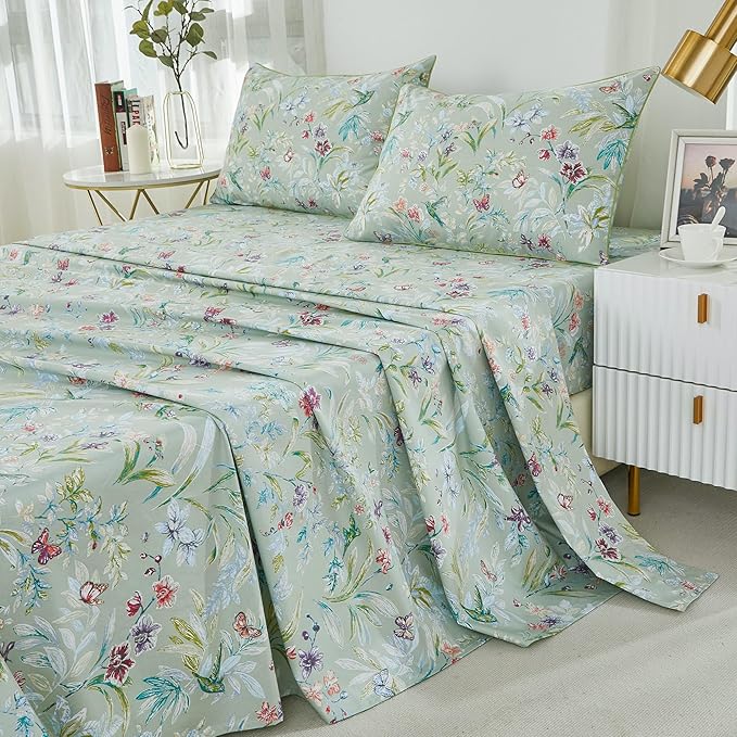 Brandream Bed Sheets Garden Style Butterfly Floral Bedding Elegant Watercolor Painting Farmhouse Queen Size Sheets Set Luxury Bedding Collections 100% Egyptian Cotton Deep Pocket, 4 Piece Green