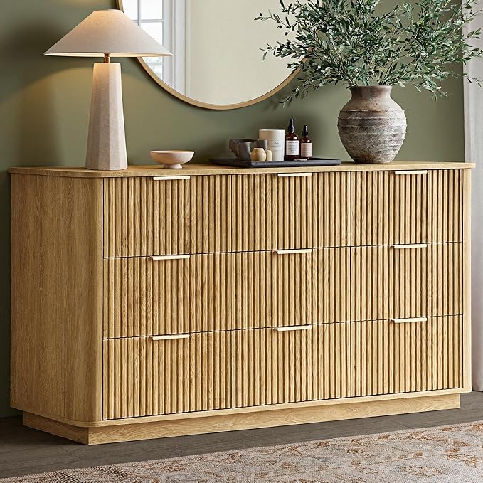 win2win 9 Drawer Dresser, Mid Century Modern Dresser with Storage, 55" Wide Fluted Chest of Drawers with Faux Marble Top, Dressers TV Stand, Drawers Organizer for Bedroom, Living Room, Hallway, Oak