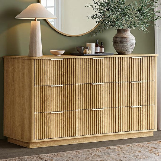win2win 9 Drawer Dresser, Mid Century Modern Dresser with Storage, 55" Wide Fluted Chest of Drawers with Faux Marble Top, Dressers TV Stand, Drawers Organizer for Bedroom, Living Room, Hallway, Oak