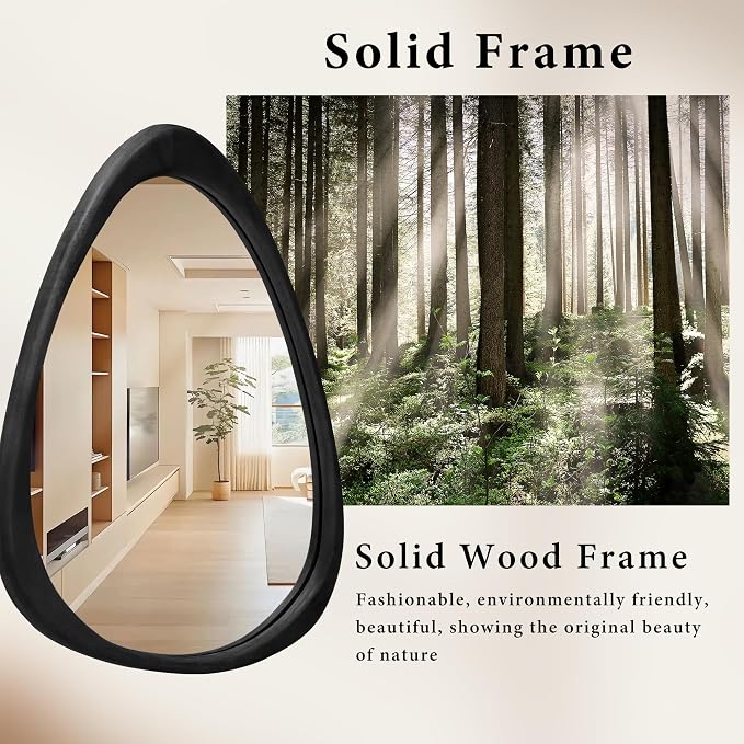 24''x19'' Asymmetrical Mirror with Wood Frame Black, Small Irregular Wall Mirror, Odd Shaped Mid Century Modern Mirror Decor for Bedroom Living Room Entryway Hall