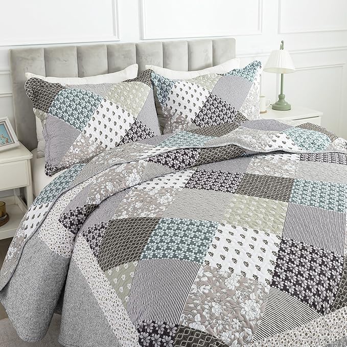 HoneiLife Queen Size Quilt Set - 3 Piece Microfiber Quilts Reversible Bedspreads Patchwork Coverlets Rustic Bedding Set for Queen Bed