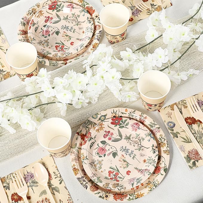 Roshtia 25 Set Floral Party Supplies Flower Paper Plates Napkins Tablewares Disposable Flower Dinnerware for Girls Women Floral Birthday Tea Party Decorations Favors