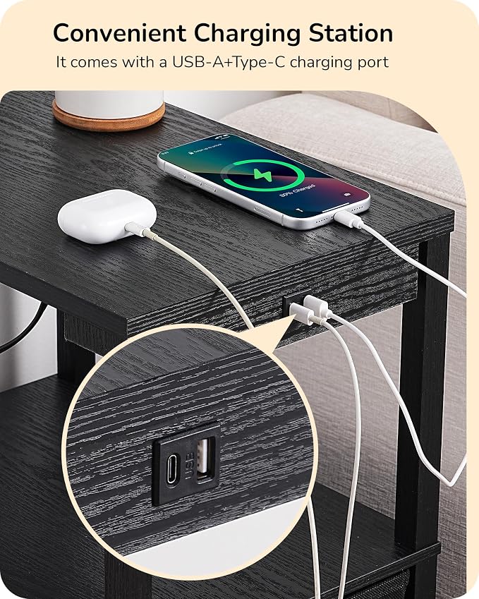 EDISHINE Floor Lamp with Table, USB-A+Type-C Port, Dimmable Bedside Floor Lamp with Shelves, Farmhouse Remote Nightstand Light for Living Room, Bedroom, Den, Office, Bulb Included, Black
