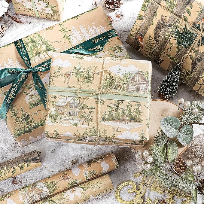RUSPEPA Christmas Wrapping Paper Set, Jumbo Roll, Vintage Reindeer, Cabin, Bear and White Flower Design, Kraft Gift Wrap for Christmas, Holiday, Rustic Wedding, 4 Rolls, 30 inches x 10 feet per Roll