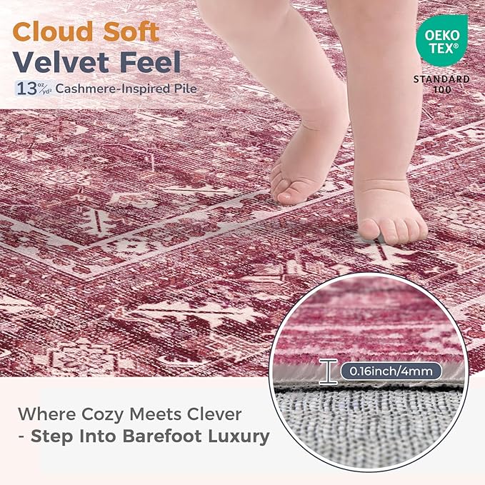OPPODREAM Vintage Hot Pink Area Rugs 8x10, 8 x 10 Retro Washable Rug Non Slip, Low-Pile Faux Wool Carpet, Distressed Floor Mat for Living Room, Bedroom, Office, Dorm, Dinning Room, Big & Large