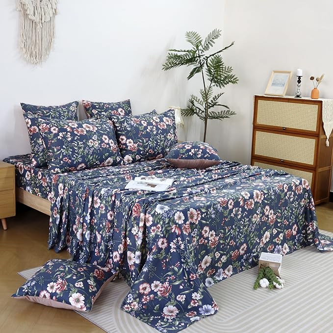 FADFAY Sheets Set Queen Vintage Dark Blue Floral Bedding Shabby Peony Floral Sheets French Country Farmhouse Bedding 800 Thread Count 100% Egyptian Cotton Deep Pocket Fitted Sheet 4Pcs, Queen Size