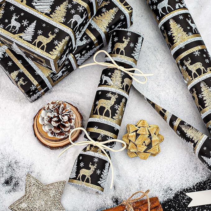 Yarcony Kraft Christmas Wrapping Paper, Black Wrapping Paper, Luxury Faux Sparkle Christmas Trees Reindeer Snowflake Duty Heavy Kraft Gift Wrap for Holidays, Winter Solstice (17 Inch X 33 Feet)