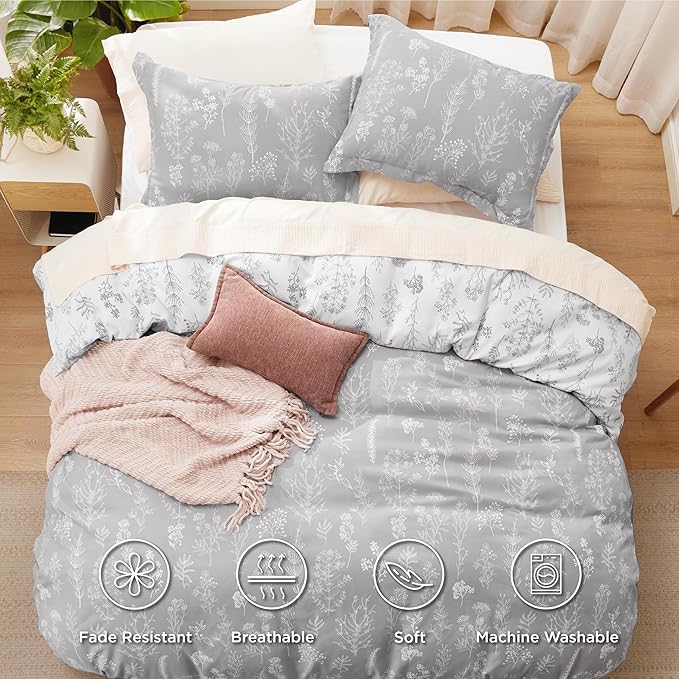 Bedsure Duvet Cover Queen Size - Reversible Grey Queen Duvet Cover Set with Zipper Closure, 3 Pieces Botanical Floral Patterned Bedding Set with 8 Corner Ties and 2 Pillow Shams