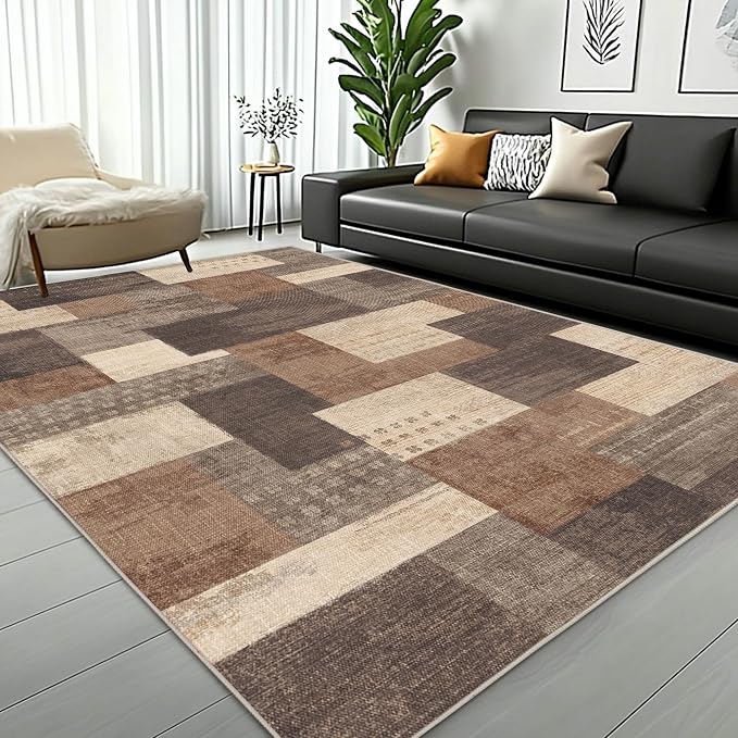Modern Geometric Patchwork Indoor Area Rug for Living Room, Beige 6'x 9' Large Rug Rockwood Collection Hardwood Floors Decor for Bedroom, Beige Throw Carpet for Office Entryway Dining Room