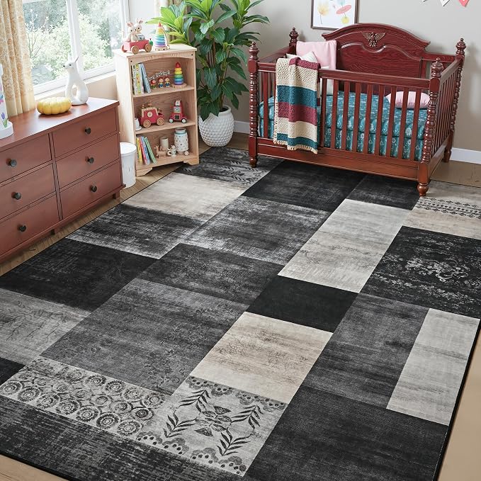 Tepook 6x9 Area Rugs for Living Room, Modern Large Geometric Rug for Bedroom, Washable Patchwork Rug Indoor Non Slip Throw Carpets for Dining Room Office Farmhouse Home Decor, Black and White