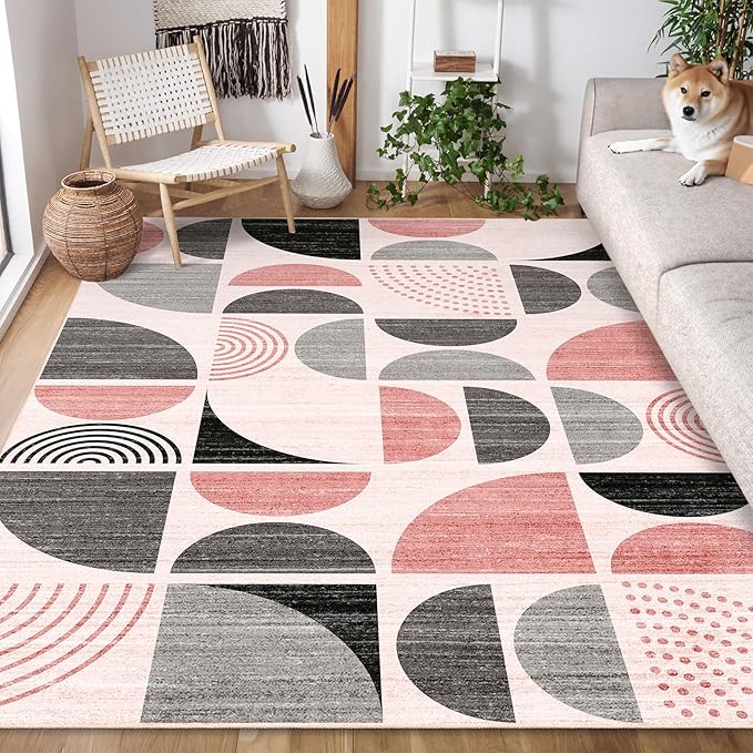 MUJOO Pink Rug Washable,5x7 Area Rugs for Living Room Bedroom,Boho Large Throw Floor Carpet Non Slip Soft Modern Abstract Pink and Grey
