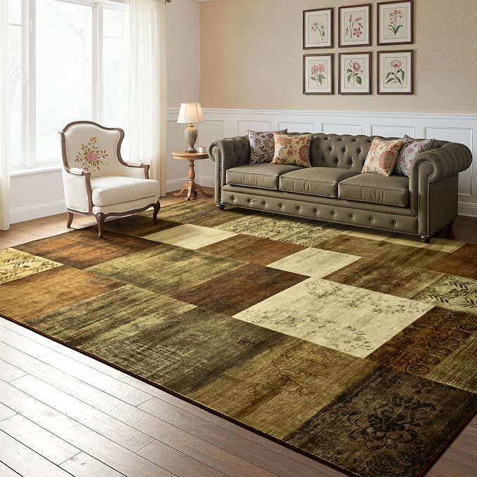 Tepook Modern Area Rug for Living Room, 6x9 Geometric Large Rugs for Bedroom, Washable Patchwork Rug Indoor Non-Slip Throw Carpets for Dining Room Office Farmhouse Home Decor, Brown