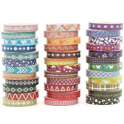 Songdao 36 Rolls Skinny Washi Tape Set Gold Foil Detailing Arts Adhesive Tapes Basic Patterns Decorative Masking Tape Sets for Craft, Kids, Scrapbook, DIY, Gift Wrapping (Colorful Silver)