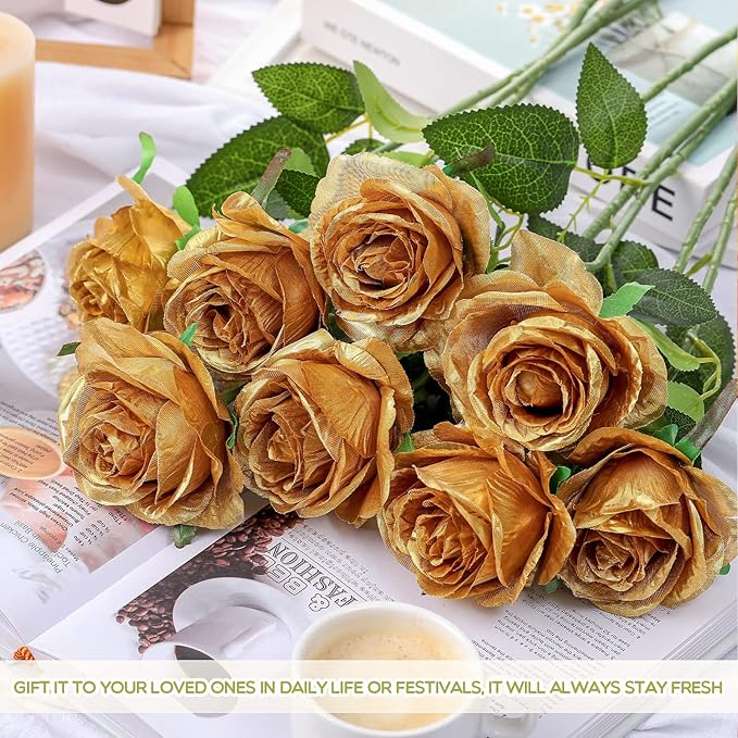 Jexine 50 Pcs Artificial Rose Flower Bulk Realistic Silk Fake Roses with Long Stem Plastic Artificial Flower Bouquet Real Looking for Home Wedding Centerpieces Party Decoration(Gold)