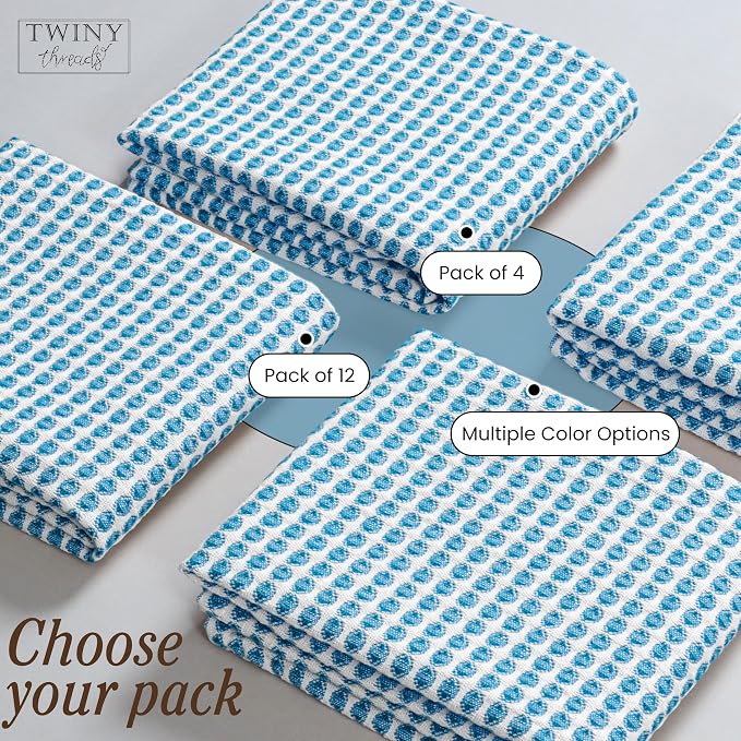 TWINY threads Circle Waffle Dish Towels 4 Pack, 16x26 Inches, 100% Cotton, Premium, Heavy Duty, Soft Touch, Waffle Weave Tea Cloths, Excellent for Wiping Counters, Washing Dishes, Turquoise Blue