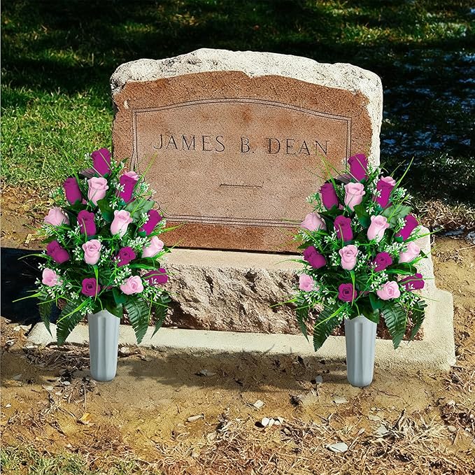 Artificial Cemetery Flowers - Set of 2 Grave Memorial Rose Flowers with Vase for Cemetery Headstones Gravesites Decoration (Purple & Pink)