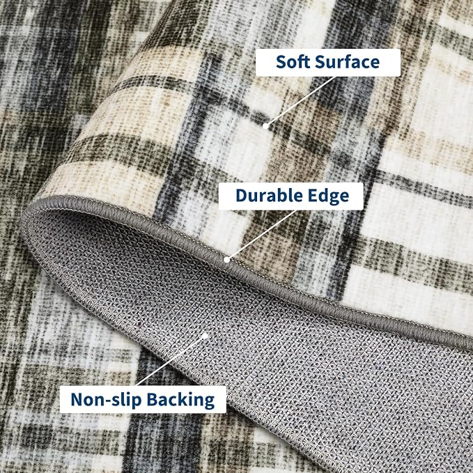 Washable Rugs 9 x 12 Rug for Living Room Farmhouse Rug for Bedroom Large Area Rug Plaid Non Slip Carpet Throw Rugs for Dining Room Stain Resistant Office Classroom, Blue/Beige