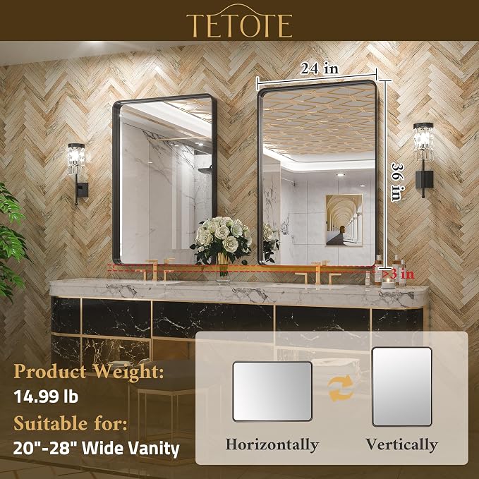 TETOTE 24 x 36 Inch Vanity Mirror, Silver Trimmed Wall Mounted Mirrors, Brushed Silver Rectangle Modern Metal Framed Mirror for Bathroom (Horizontal/Vertical)