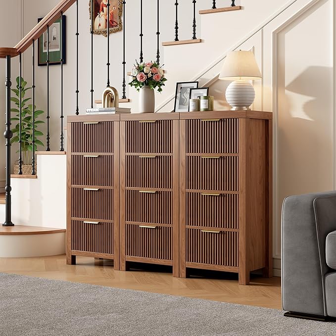 Modern 12-Drawer Solid Wood Dresser with Fluted Front & Gold Handles, Multifunctional Tall Storage Chest, for Hallway, Entryway, Walnut X3