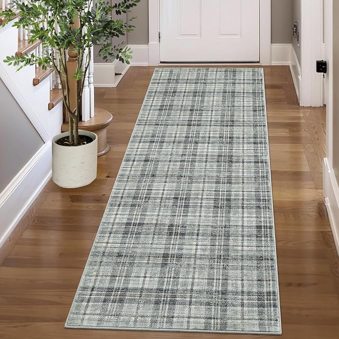 Tartan Plaid Washable Runner Rug 2.5x12 Runner Modern Kitchen Runner Non Slip Entryway Rug Soft Bathroom Rugs Stain Resistant Carpet for Laundry Bedroom Greyish Green