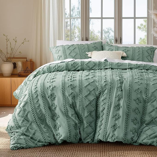 Bedsure Boho Duvet Cover King Size, Soft & Comfortable Elegant Design Boho Bedding for Decoration, Machine Washable Comforter Cover for All Seasons,Includes 1 Duvet Cover & 2 Pillow Shams,Sage Green