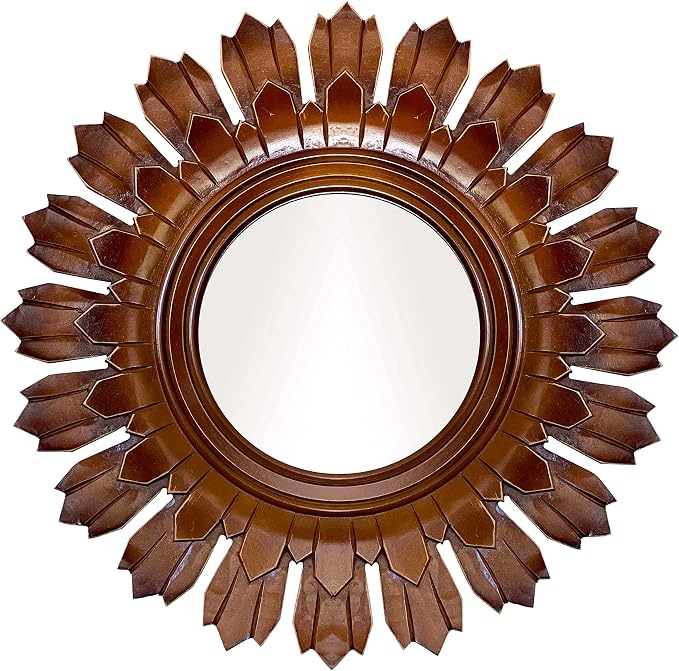 Wooden Wall Mirror, Rustic Wood Frame Mirror for Bathroom, Farmhouse, Bedroom, Entryway and Living Room, Modern Hanging Decorative Wall Mirror (Brown in Sunburst Shape)