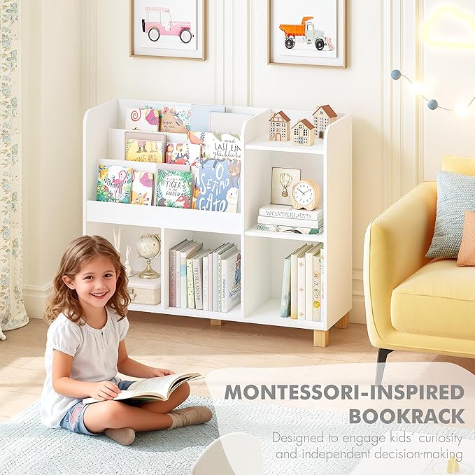 Spirich Kids Bookshelf and Toy Storage, Children Cube Organizer Bookcase Shelf, Tall Kids Book Rack for Bedroom, Playroom and Nursery, White