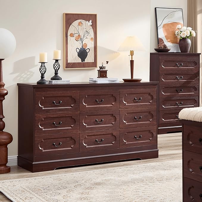 LIDYUK 9 Drawer Dresser for Bedroom Farmhouse Cherry Tall Wood Chest of Drawers for Bedroom Dresser, Modern Rustic 59" Wide Drawers Dressers Wooden Closet and Storage Cabinet, Hallway, Living Room