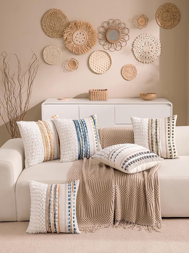 KOOLIFE Boho Chenille Tufted Couch Throw Pillow Covers 18x18 Inch Set of 2 Farmhouse Striped Decorative Pillow Covers Accent Neutral Square Pillowcase Green Cushion Covers for Livingroom Sofa Bed