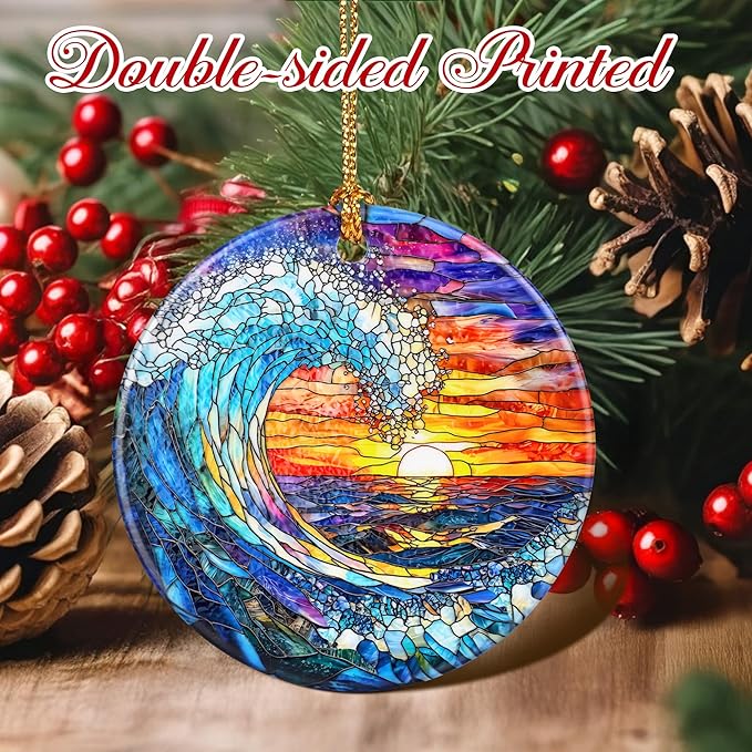 Christmas Ornaments, 2.8 Inch Ceramic Hanging Ornament, Christmas Tree Ornaments, Xmas Decorations, Holiday Decorations, Holiday Party Gifts, and Xmas Gift Ideas - Sunset On The Beach