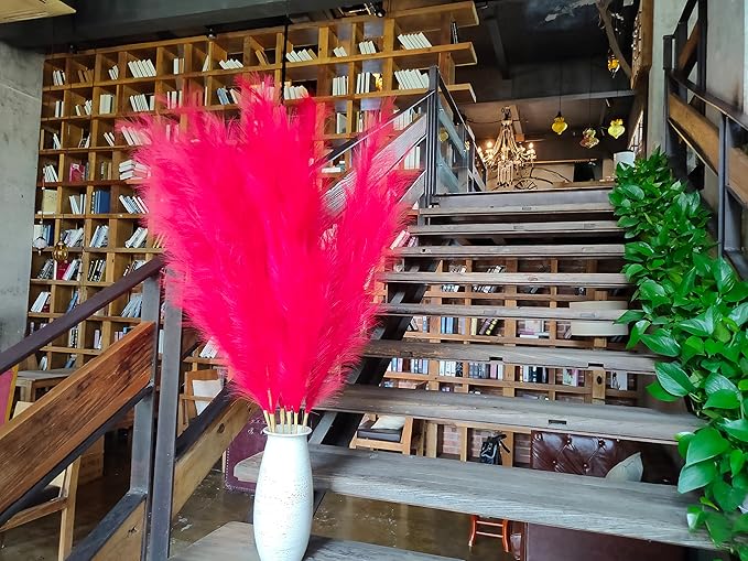 Premium Faux Pampas Grass Decor Tall & Fluffy, No Assembly Needed Long Pampas, Luxury Large Floral, Elegant Feather Flowers for Wedding Decorations (Faux Red, 8pcs 43.3"(110cm))