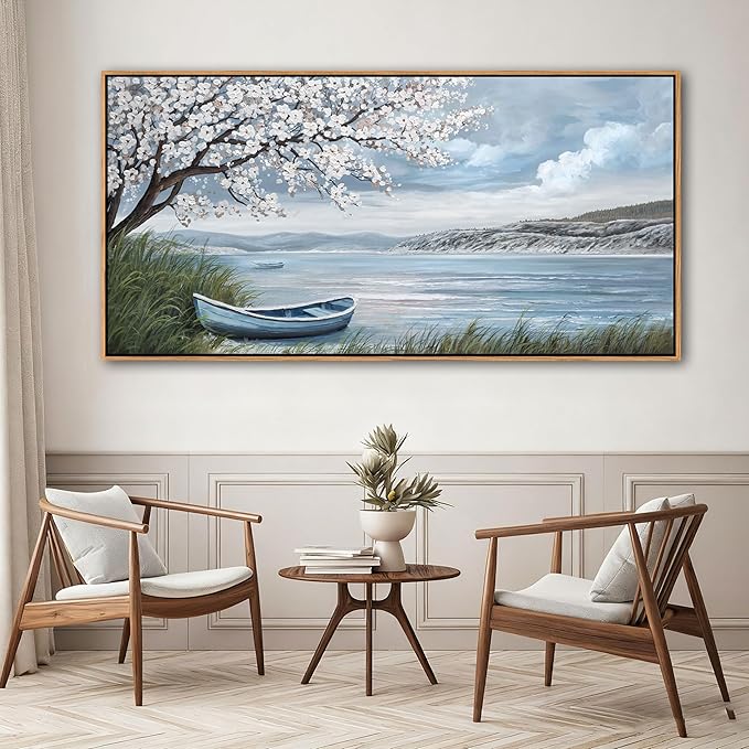 KLAKLA Large Canvas Art Plum Blossom Lake White Wall Decor Living Room Bedroom Picture Over Bed Framed Artwork for Wall Modern Canvas Paintings Office 58x29 Inches