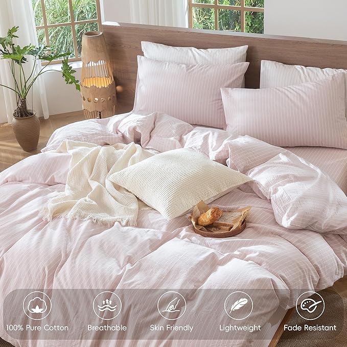 MooMee Striped Duvet Cover Set 100% Washed Cotton Linen Like Textured Breathable Durable Soft Comfy (Heathered Greyish Pink White Wide Stripes, Twin 68"x90")