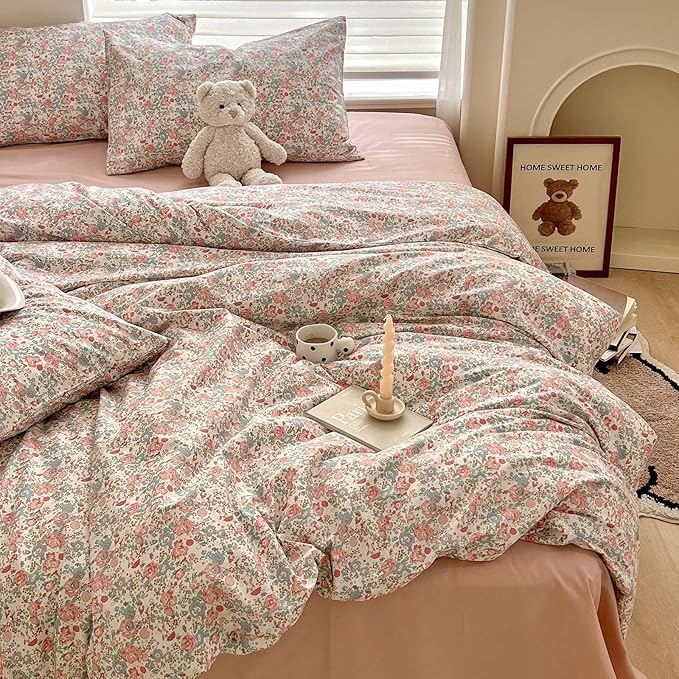 LIFETB Pink Floral Comforter Set Full Cute Girl Floral Bedding Comforter Set for Full Size Bed Chic Garden Style Flower Comforter with 2 Pillowcases Vintage Botanical Bedding Comforter Set All Season