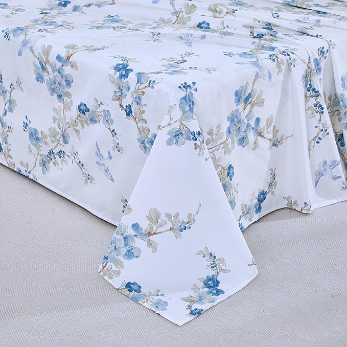 Brandream King Size Sheet Set Luxury Floral Blossom Birds Bedding Collections 800 Thread Count 100% Egyptian Cotton Deep Pocket, 4 Piece White Botanical Branches Blue Flower