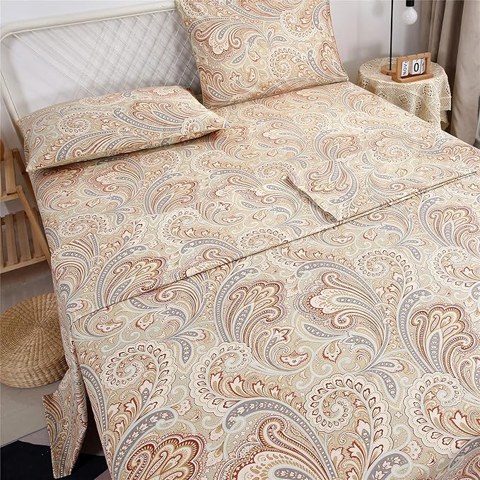 RYNGHIPY Luxury Floral Print Sheets Sets Silky Long Staple Egyptian Cotton Flowers Khaki Bedding Sheet Collections (Khaki,Full Size)