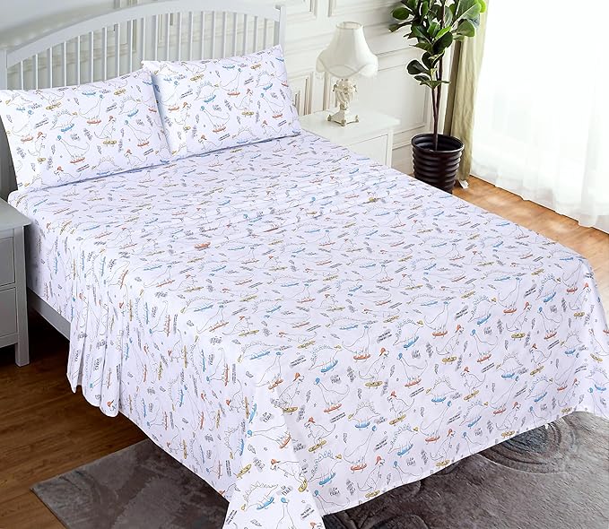 RUVANTI 100% Cotton Full Size Bed Sheets, 4 Pieces, Soft & Breathable Percale Weave Bedding, Deep Pocket 16", Hotel Standard, Crisp Cool Feel, Durable, Perfect Sheet Set Floral, Dino