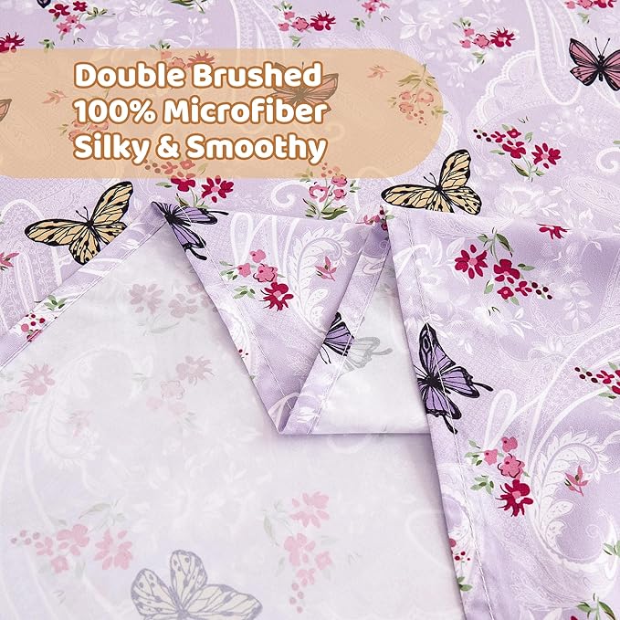Softan Floral Twin Size Sheet Set, Purple Paisley Flower Printed Sheets for Kids Girls, Brushed Microfiber Fitted Sheet with 15" Deep Pocket & Non-Slip Straps, Butterfly Patterned Sheets