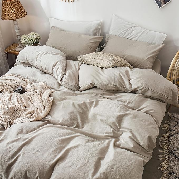 MooMee Bedding Duvet Cover Set 100% Washed Cotton Linen Like Textured Breathable Durable Soft Comfy (Heathered Tannish Linen Grey, Alaska King 132"x120")