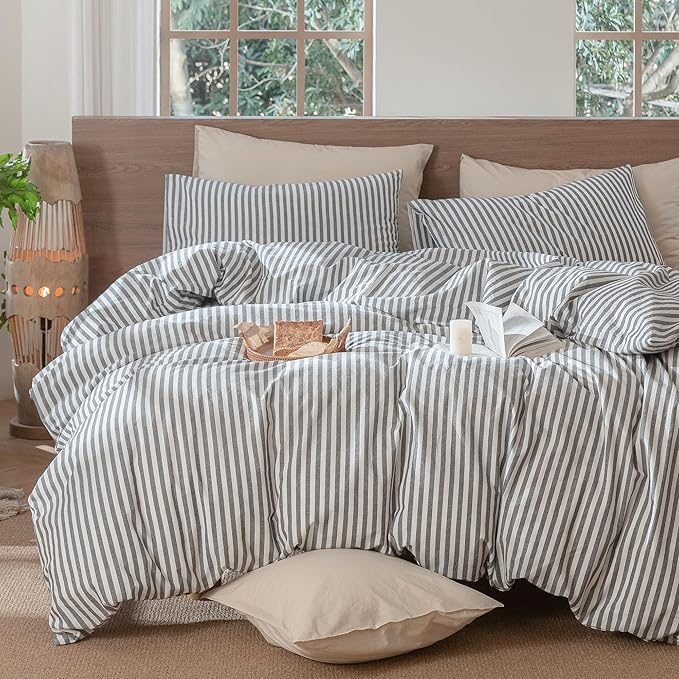 MooMee Striped Duvet Cover Set 100% Washed Cotton Linen Like Textured Breathable Durable Soft Comfy (Dark Grey White Classic Stripes, King 104"x90")
