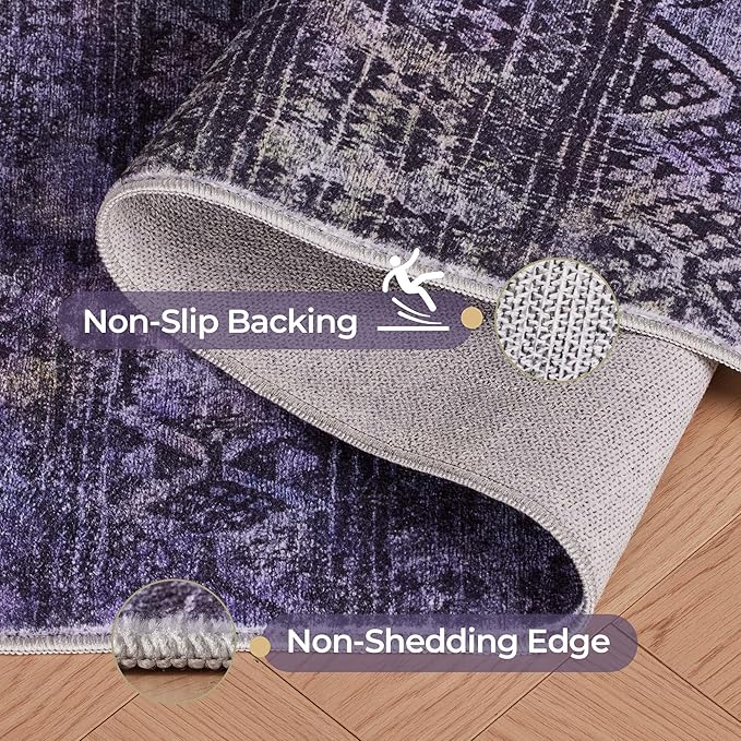 Kokia Abstract Area Rugs Washable Indoor 6x9 Rug Boho Distressed Retro Low Pile Non-Slip Non-Shedding Black Purple Carpet Bedroom Living Room Dining Room, Violet and Slate Blue