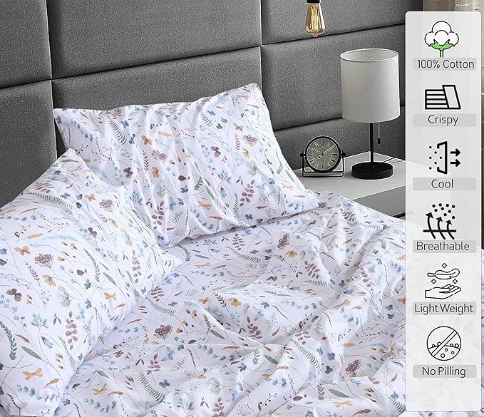RUVANTI 100% Cotton Full Size Bed Sheets, 4 Pieces, Soft & Breathable Percale Weave Bedding, Deep Pocket 16", Hotel Standard, Crisp Cool Feel, Durable, Perfect Sheet Set Floral, Fern Class