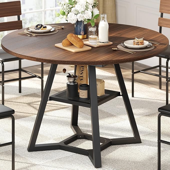knoworld 47" Round Dining Table for 4, Kitchen Tables Dining Room Circle Dinner Table with Pedestal Metal Frame, Space Saving Wood Industrial Kitchen & Dining Room Tables, Walnut 47In