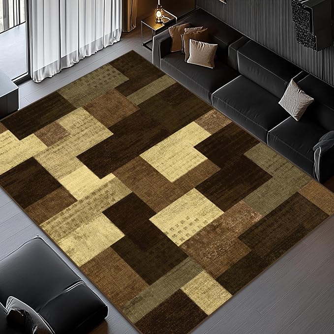 Modern Geometric Patchwork Indoor Area Rug for Living Room, Warm Taupe 4x6 Large Rug Rockwood Collection Hardwood Floors Decor for Bedroom, Taupe Throw Carpet for Office Entryway Dining Room