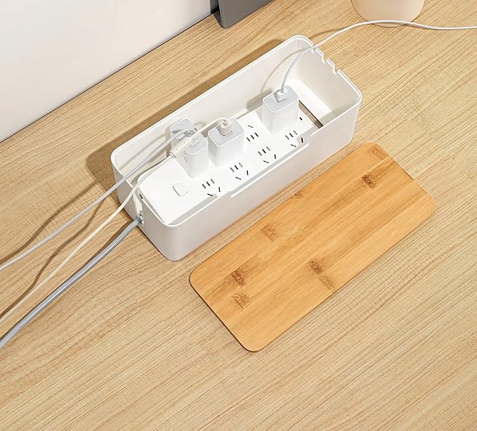 BUYSK ABS Cord Organizer Box with Wooden Lid, Cable Management Box for Power Strips or Surge Protectors, Desk Cable Tidy Box for Office Home(White)