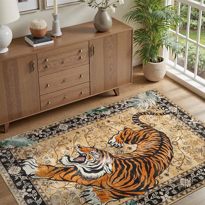 DCX Washable 3x5 Tiger Rug, Brown Vintage Animal Rug for Entryway, Soft Low Pile Carpet, Kid & Pet Friendly with Rubber Back Non Slip, Stain Resistant Rug for Bedroom, Laundry, Bathroom